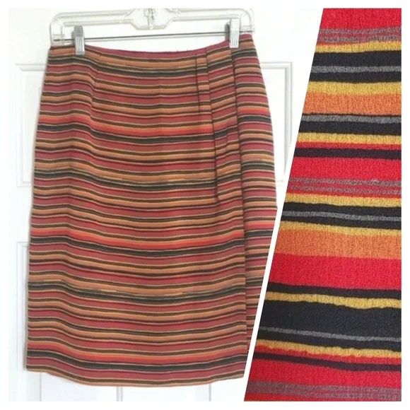 Vintage 80s CHAUS Wrap Skirt Red Black Orange Yellow Painterly Stripe - Picture 1 of 11